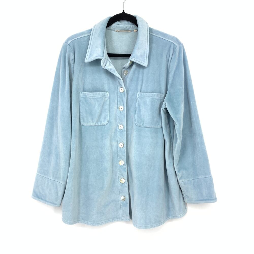 Soft Surroundings Sz PXL Light Blue Velour Button Front Shirt Jacket Shacket
